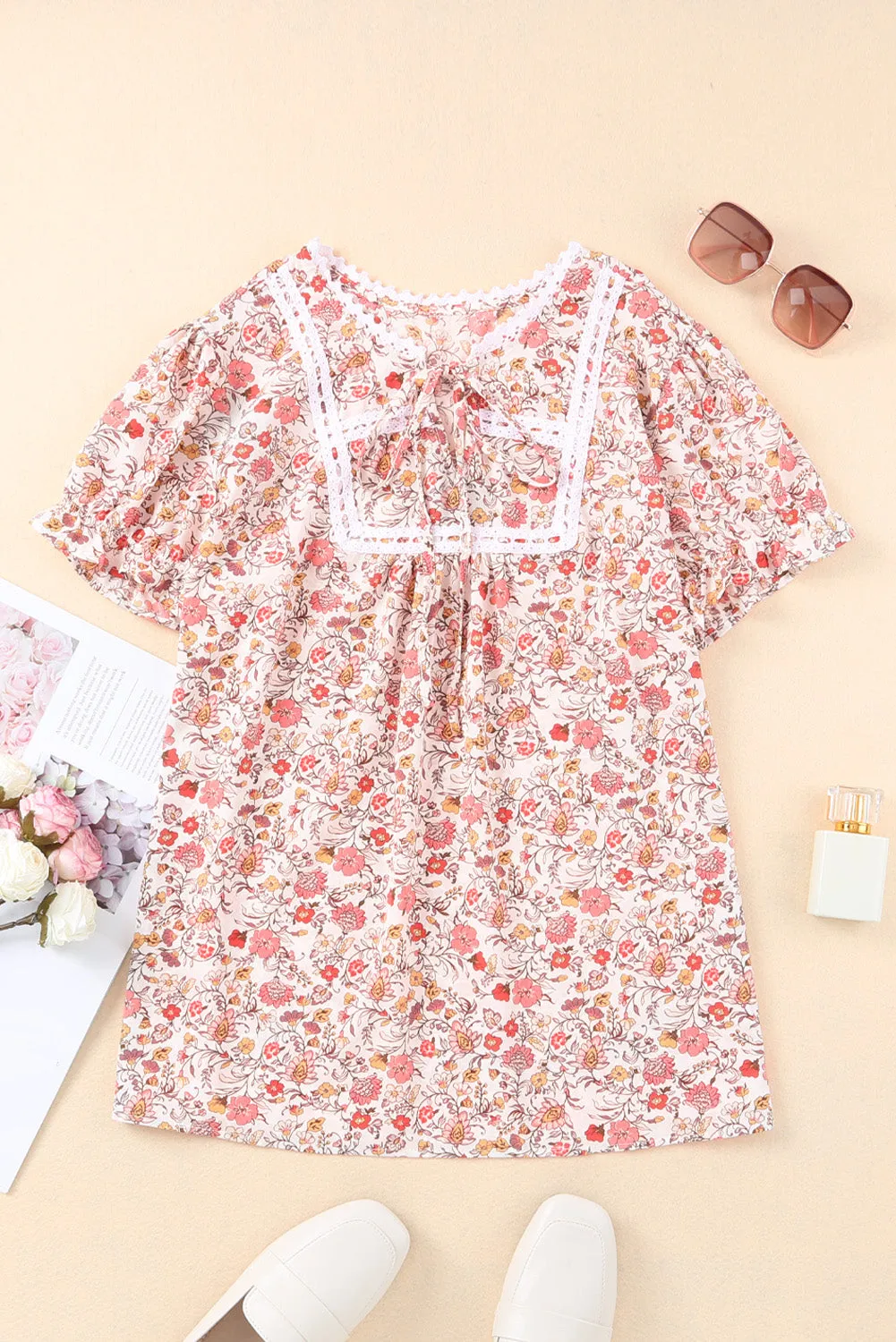 Split Neck Floral Print Plus Size Top