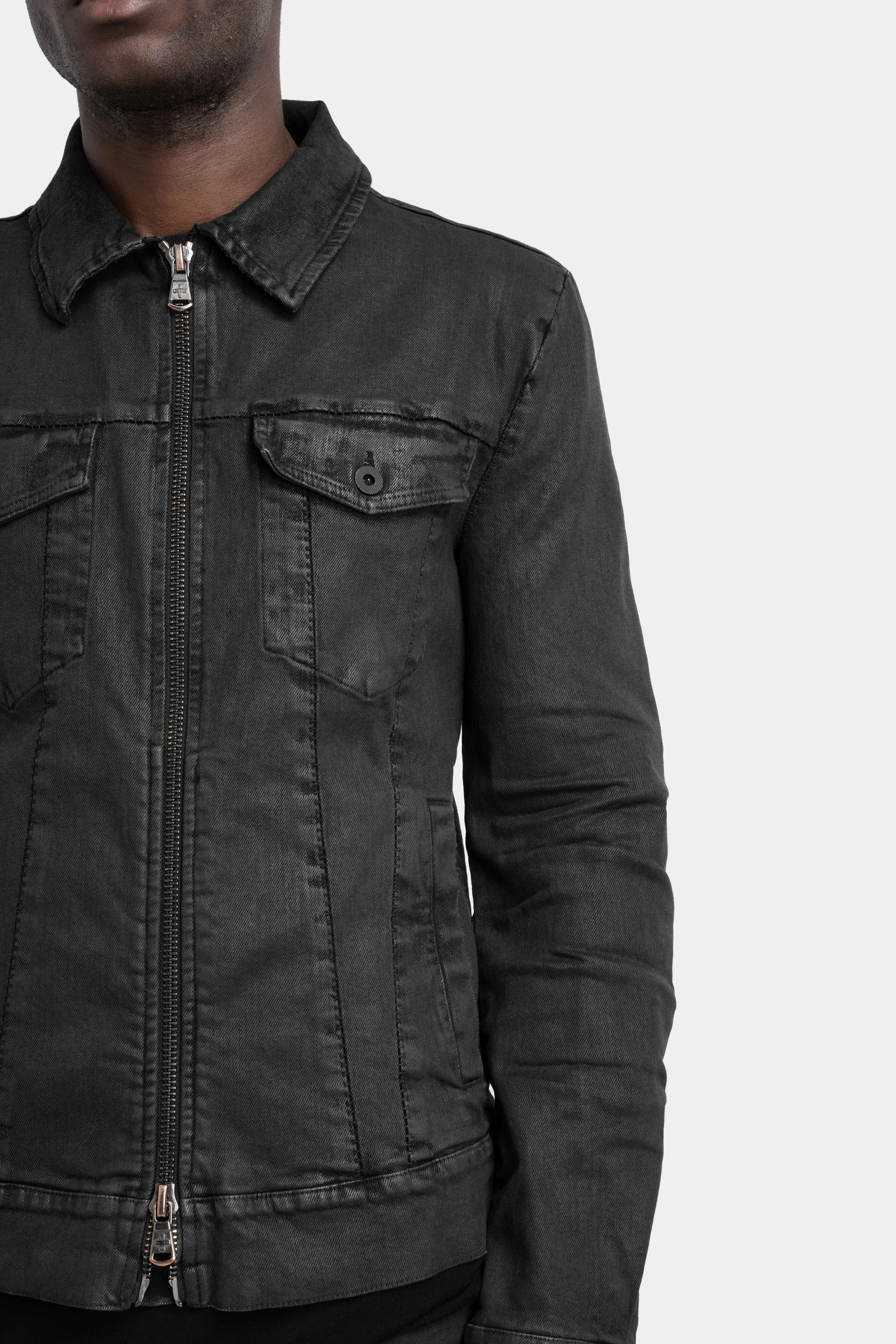 Stretch denim jacket, Black leather effect