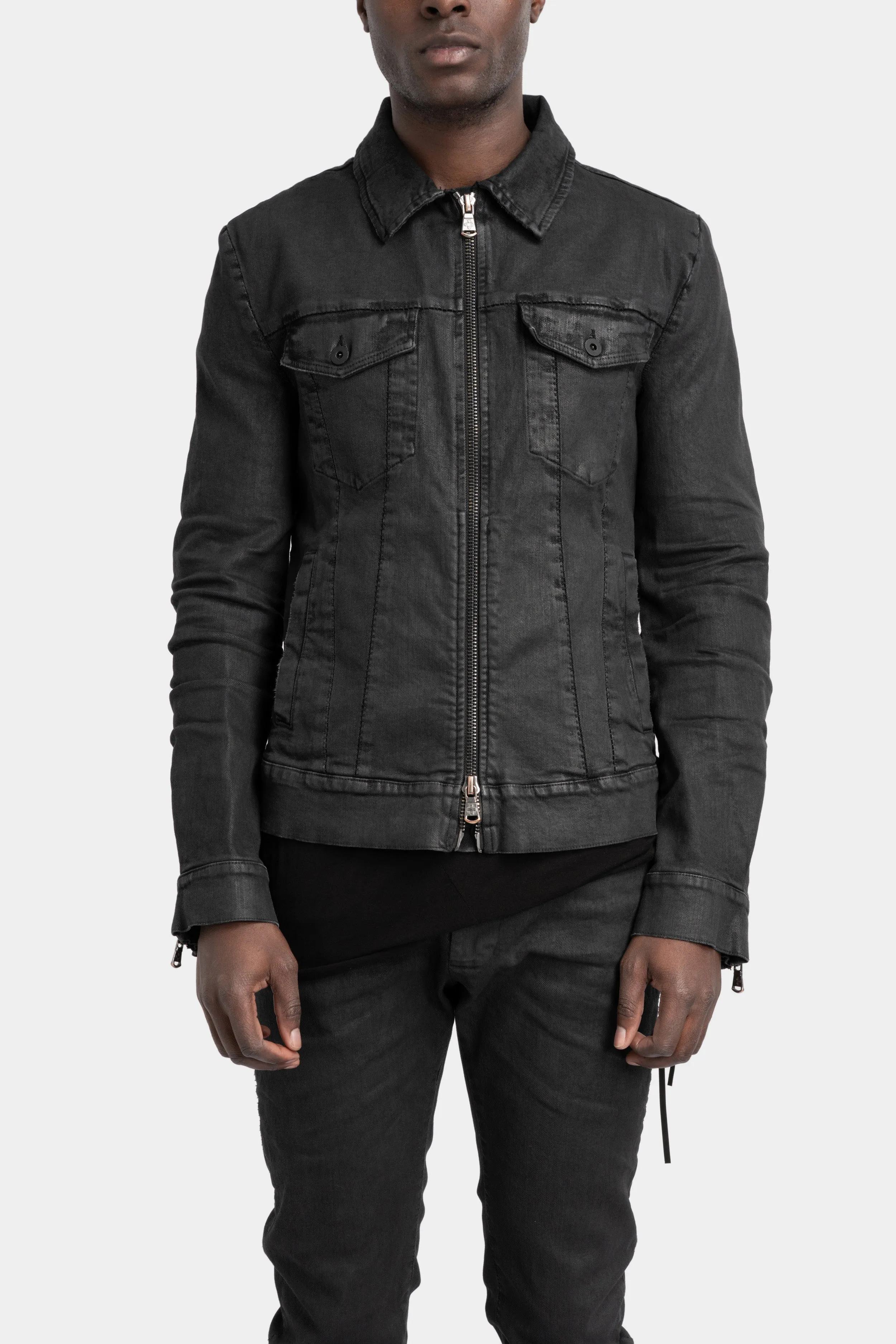 Stretch denim jacket, Black leather effect