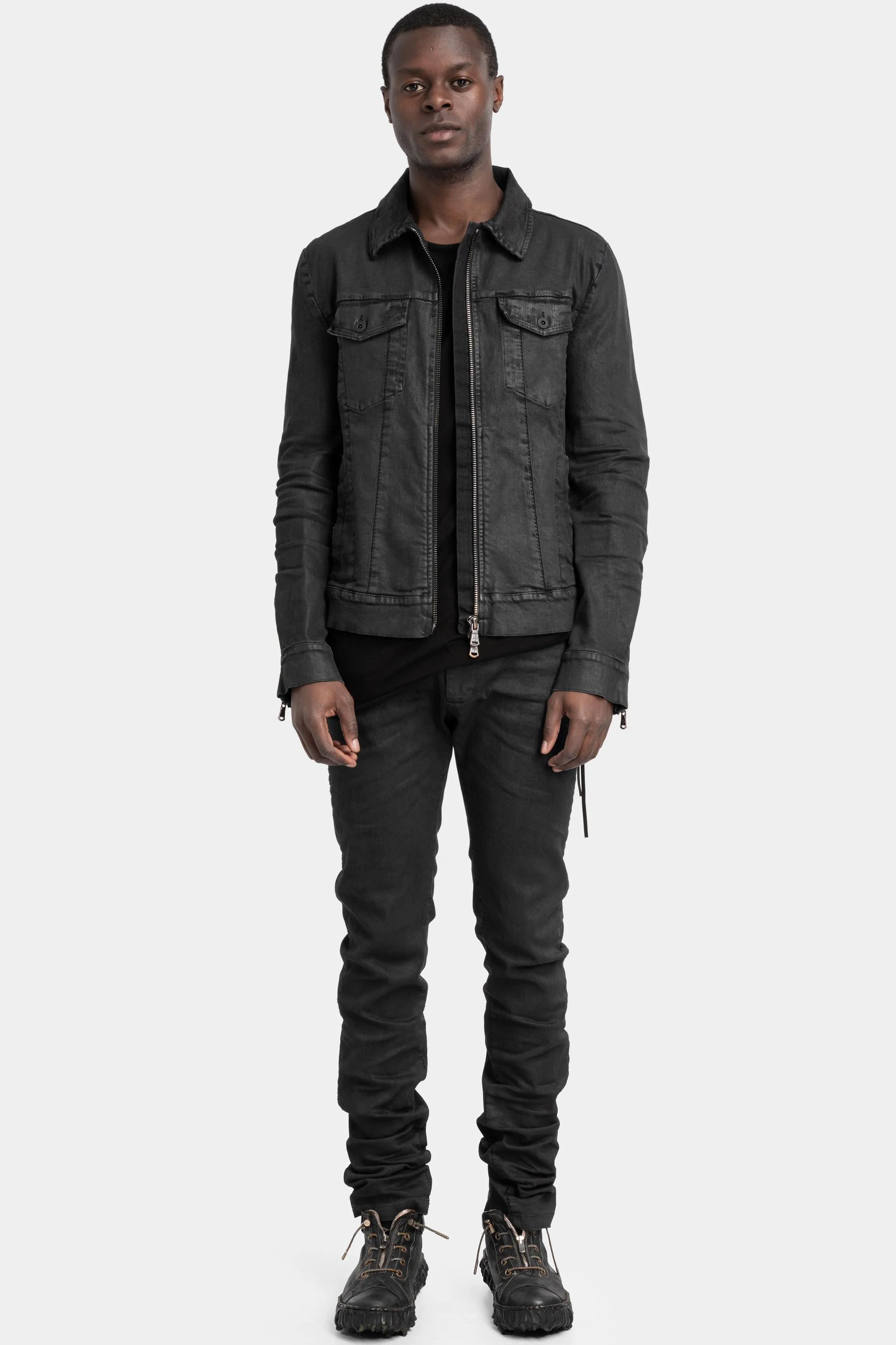 Stretch denim jacket, Black leather effect