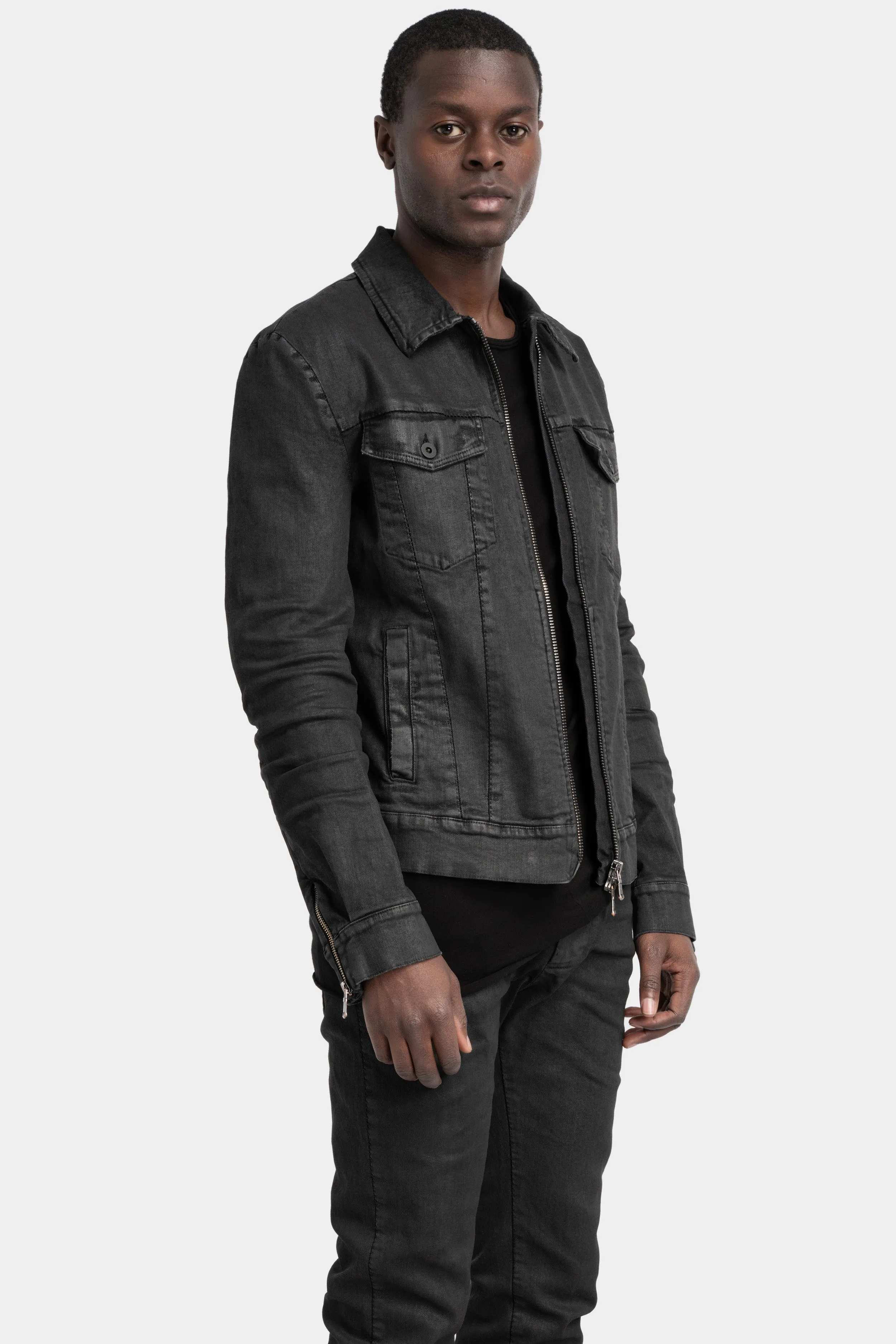 Stretch denim jacket, Black leather effect
