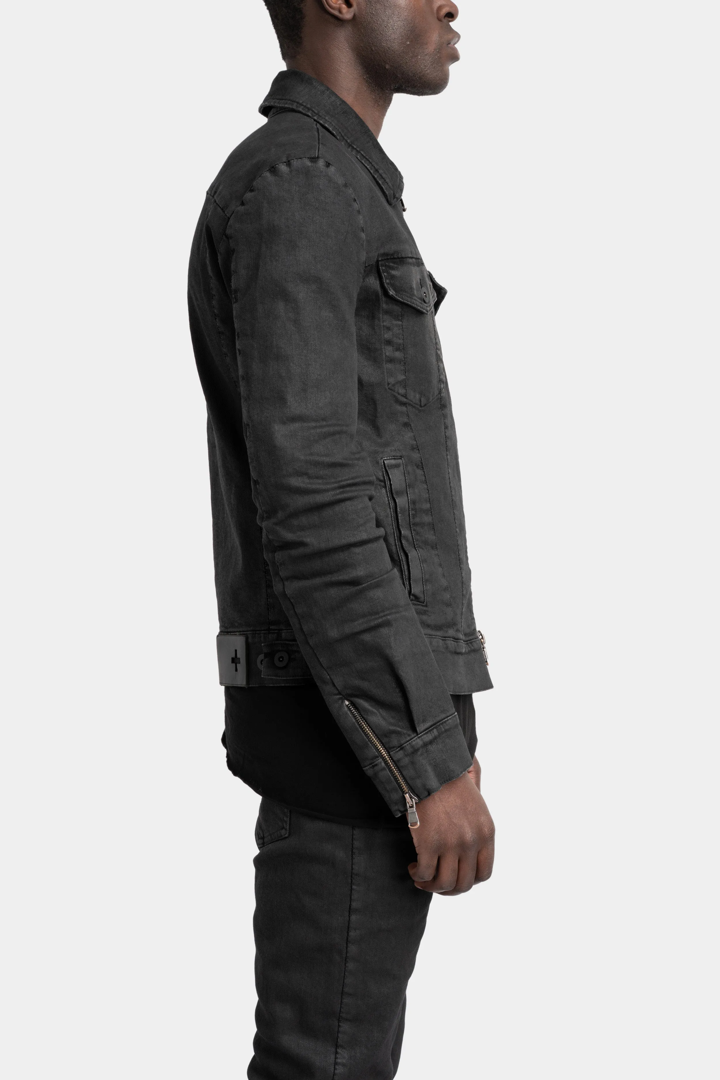 Stretch denim jacket, Black leather effect