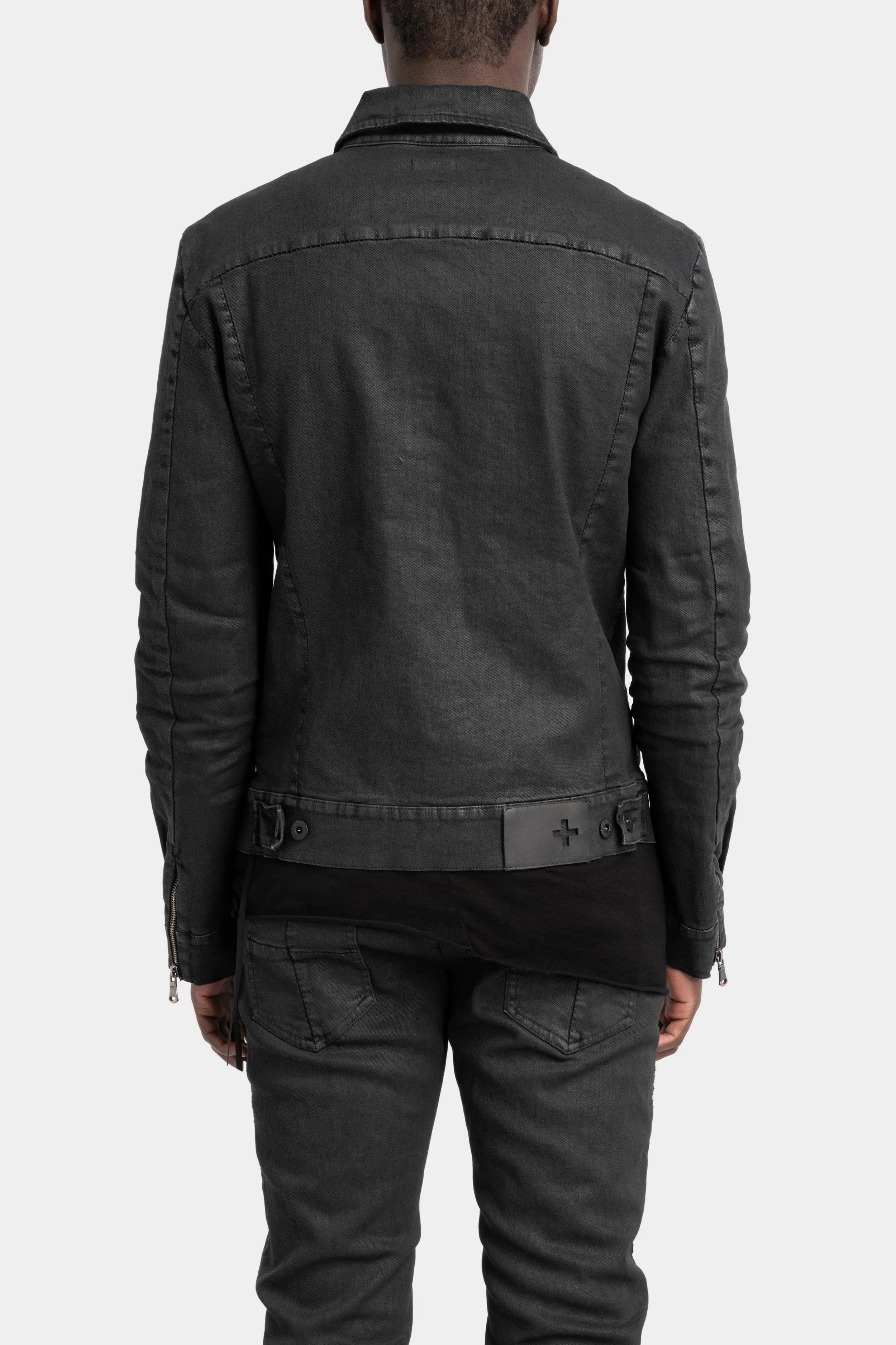 Stretch denim jacket, Black leather effect