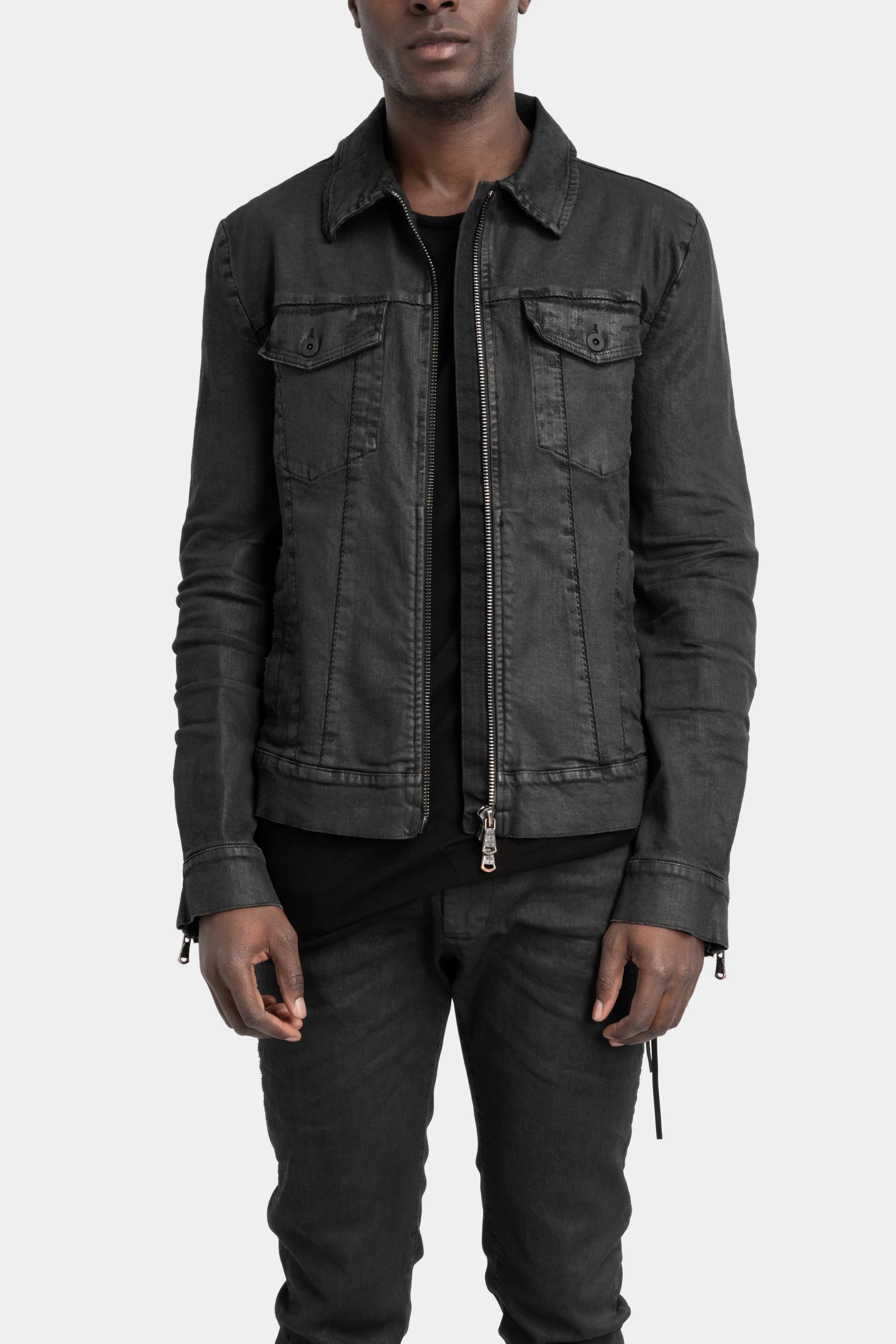 Stretch denim jacket, Black leather effect