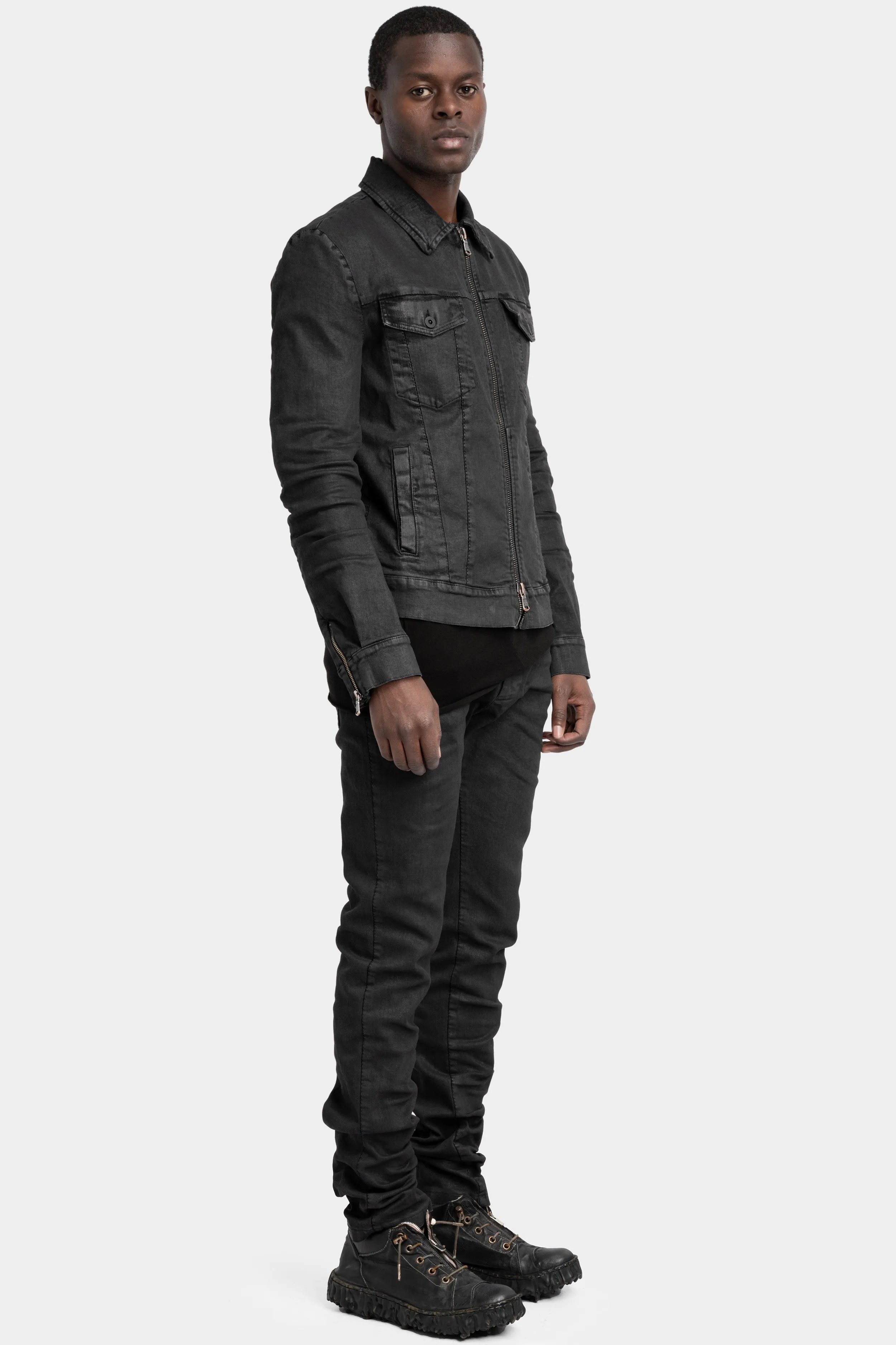 Stretch denim jacket, Black leather effect