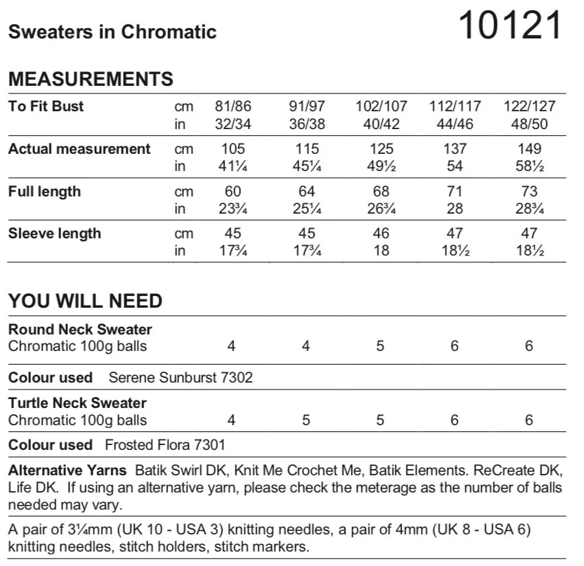Stylecraft Chromatic D/K Ladies Sweater Knitting Pattern 10121
