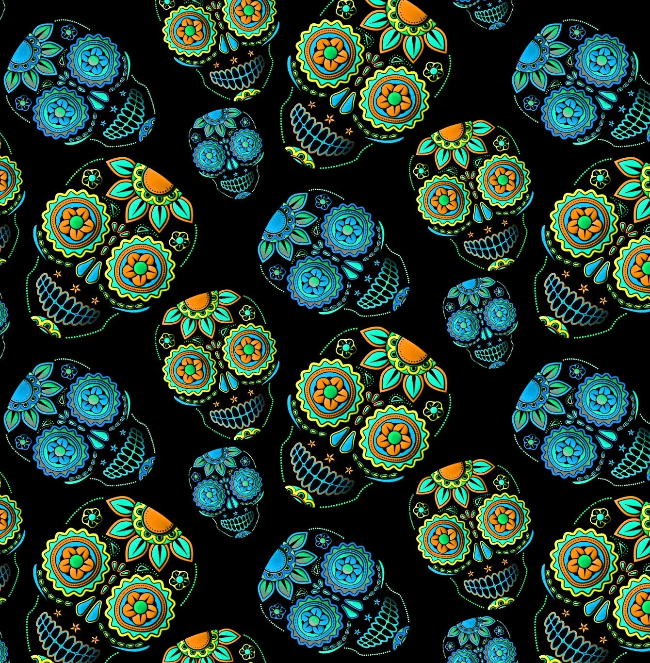 Sugar Skull Black Fabric with Blue Green Skulls