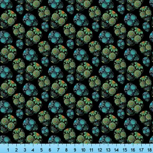 Sugar Skull Black Fabric with Blue Green Skulls