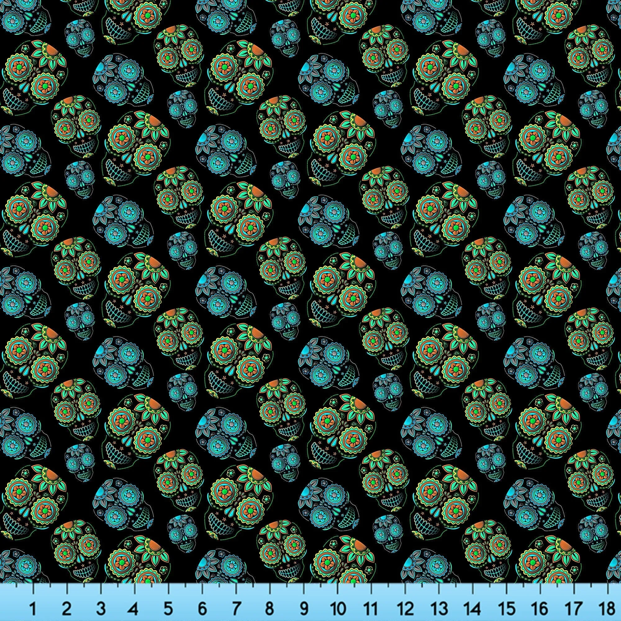 Sugar Skull Black Fabric with Blue Green Skulls
