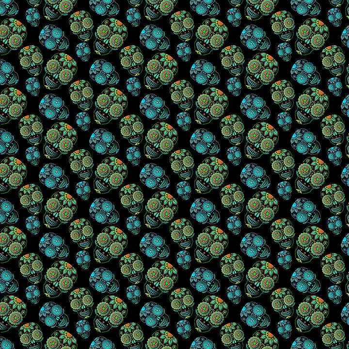 Sugar Skull Black Fabric with Blue Green Skulls