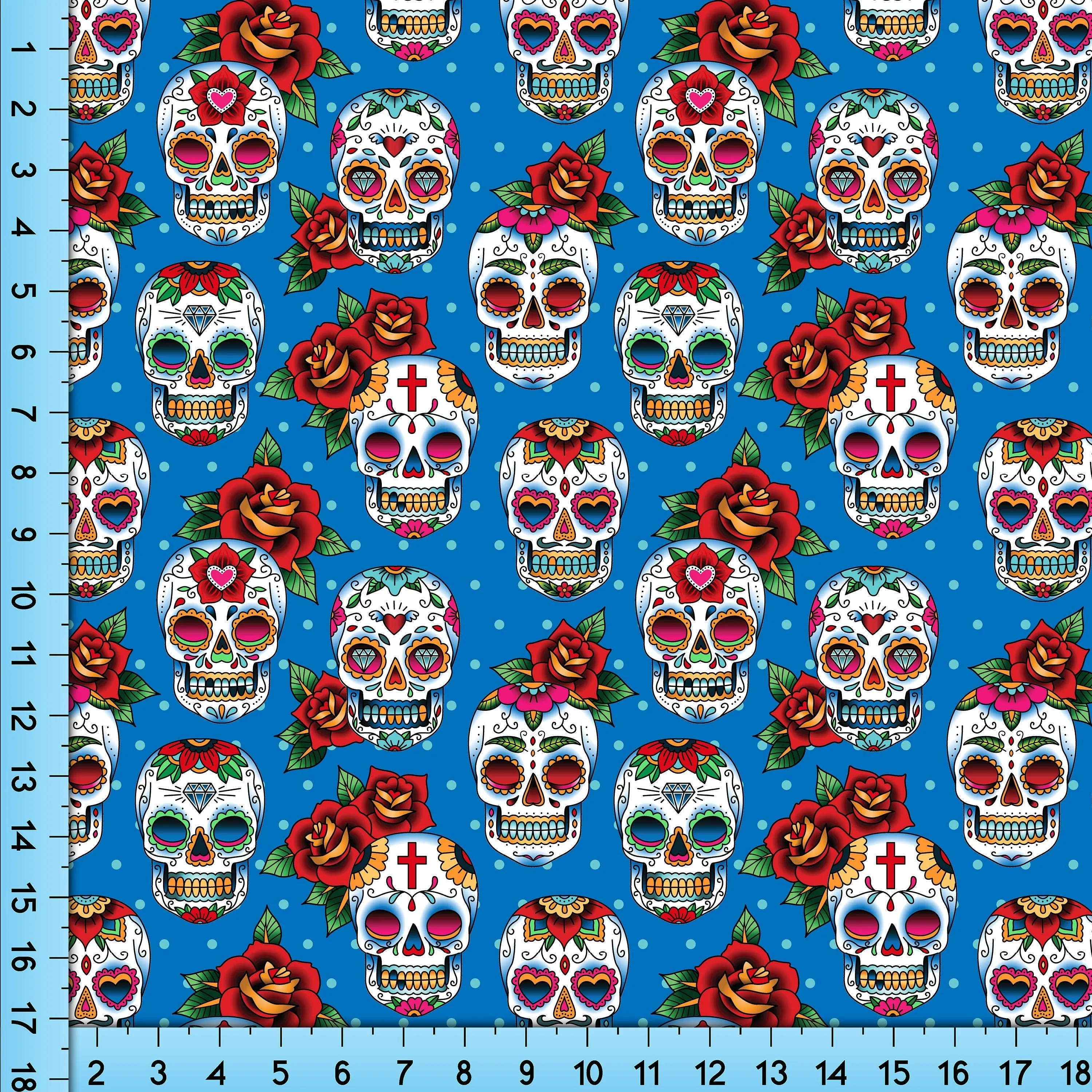 Sugar Skulls on Blue Fabric Pattern Print By the Yard, Half Yard or Fat Quarter