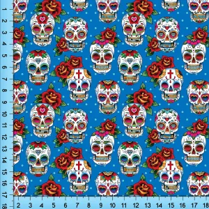 Sugar Skulls on Blue Fabric Pattern Print By the Yard, Half Yard or Fat Quarter