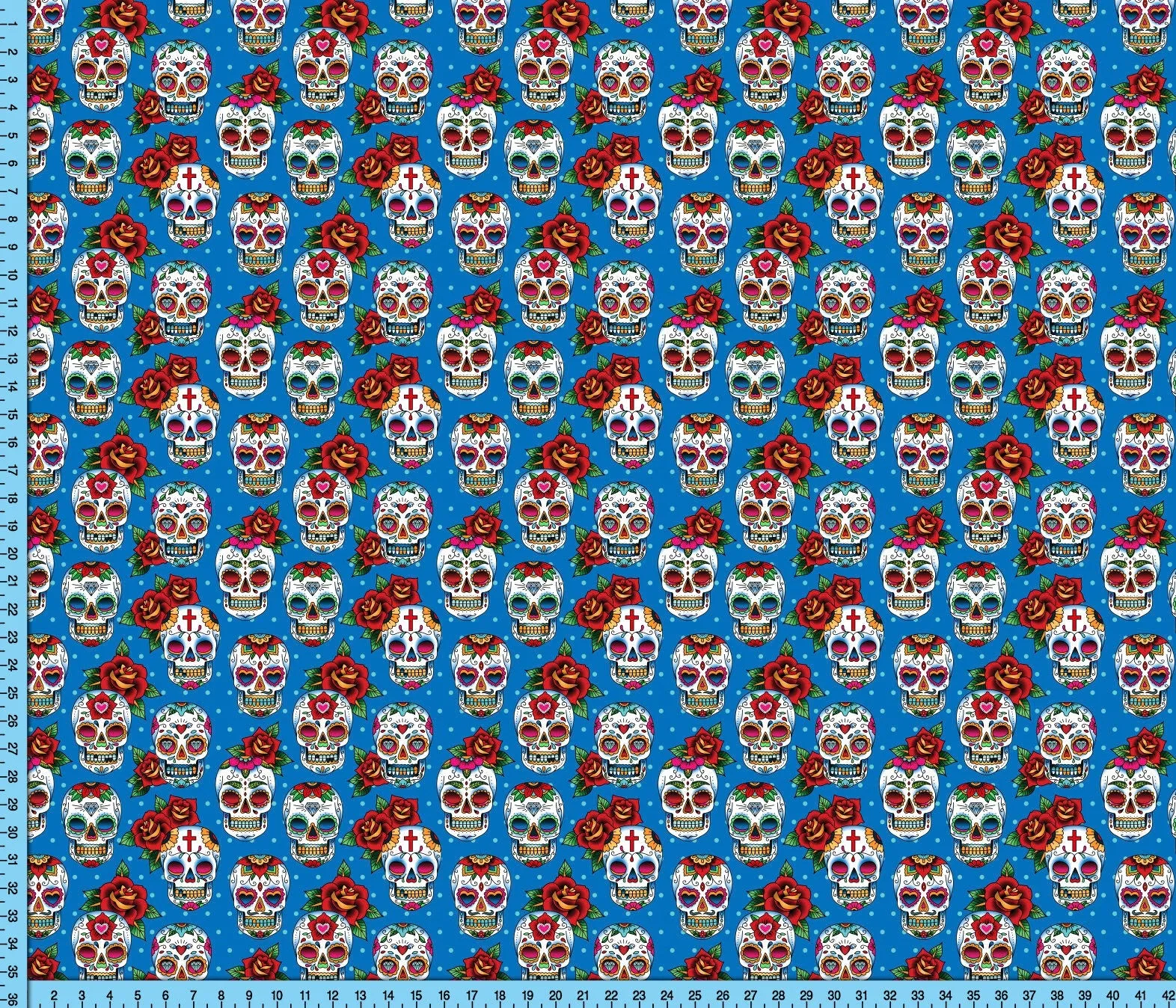Sugar Skulls on Blue Fabric Pattern Print By the Yard, Half Yard or Fat Quarter