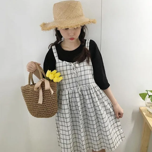 Summer Preppy Style Cute Loose Casual Plaid Simple