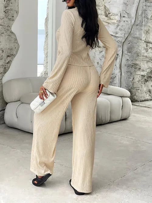 Textured Button Up Shirt and Pants Set