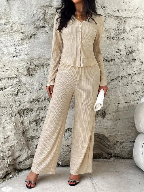 Textured Button Up Shirt and Pants Set