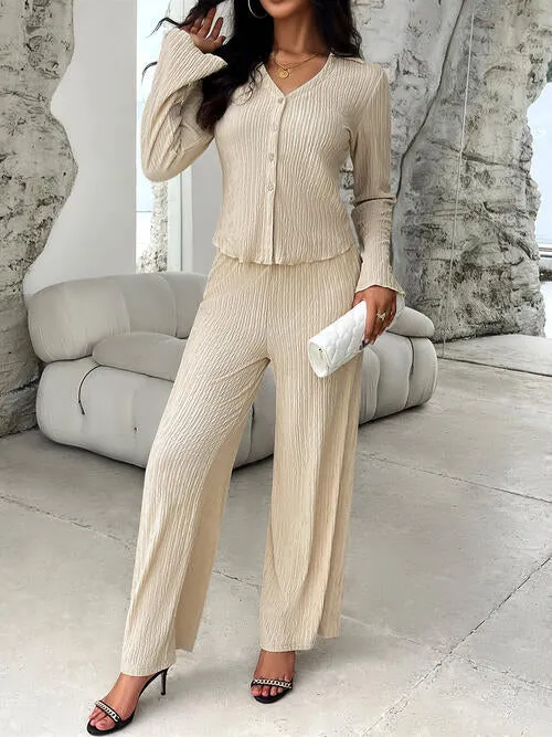 Textured Button Up Shirt and Pants Set