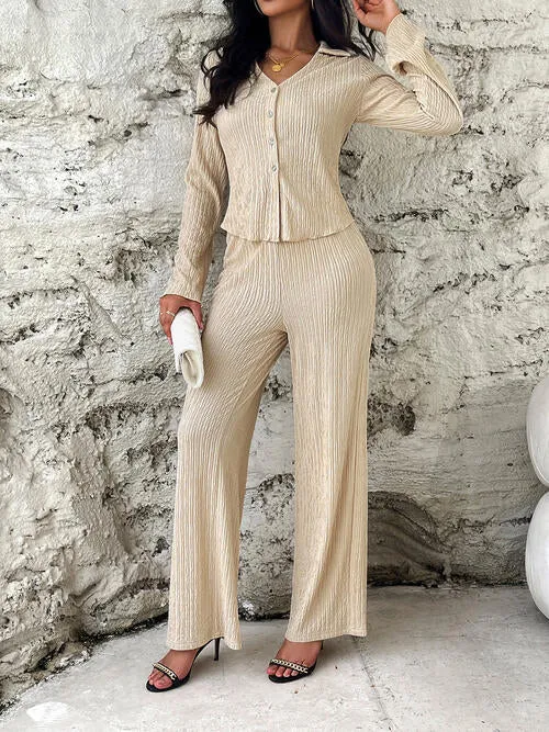 Textured Button Up Shirt and Pants Set