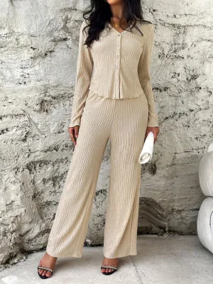 Textured Button Up Shirt and Pants Set
