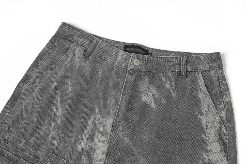 Tie-Dye Contrast Multi-Pocket Crane Pants Men's Loose Street Fashion Pleated Casual Straight Pants Wide-Leg Pants