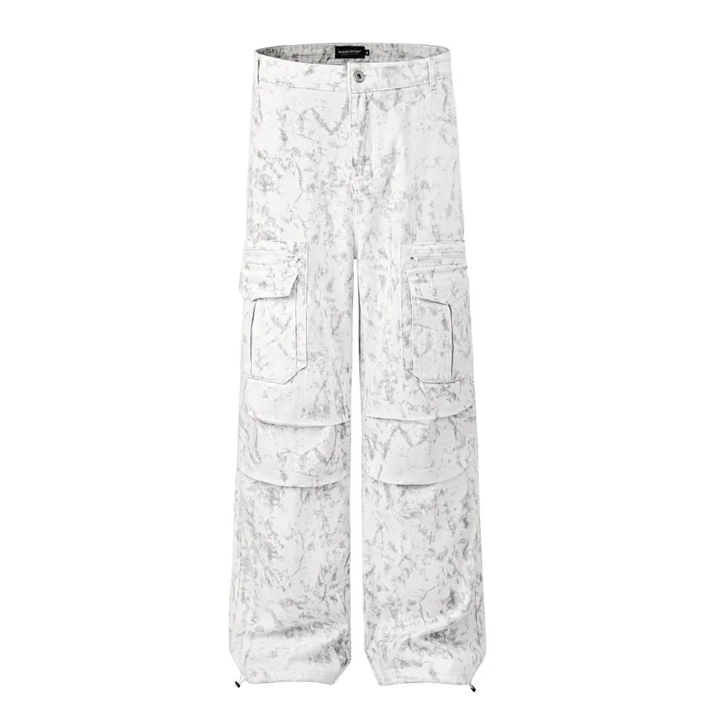 Tie-Dye Contrast Multi-Pocket Crane Pants Men's Loose Street Fashion Pleated Casual Straight Pants Wide-Leg Pants