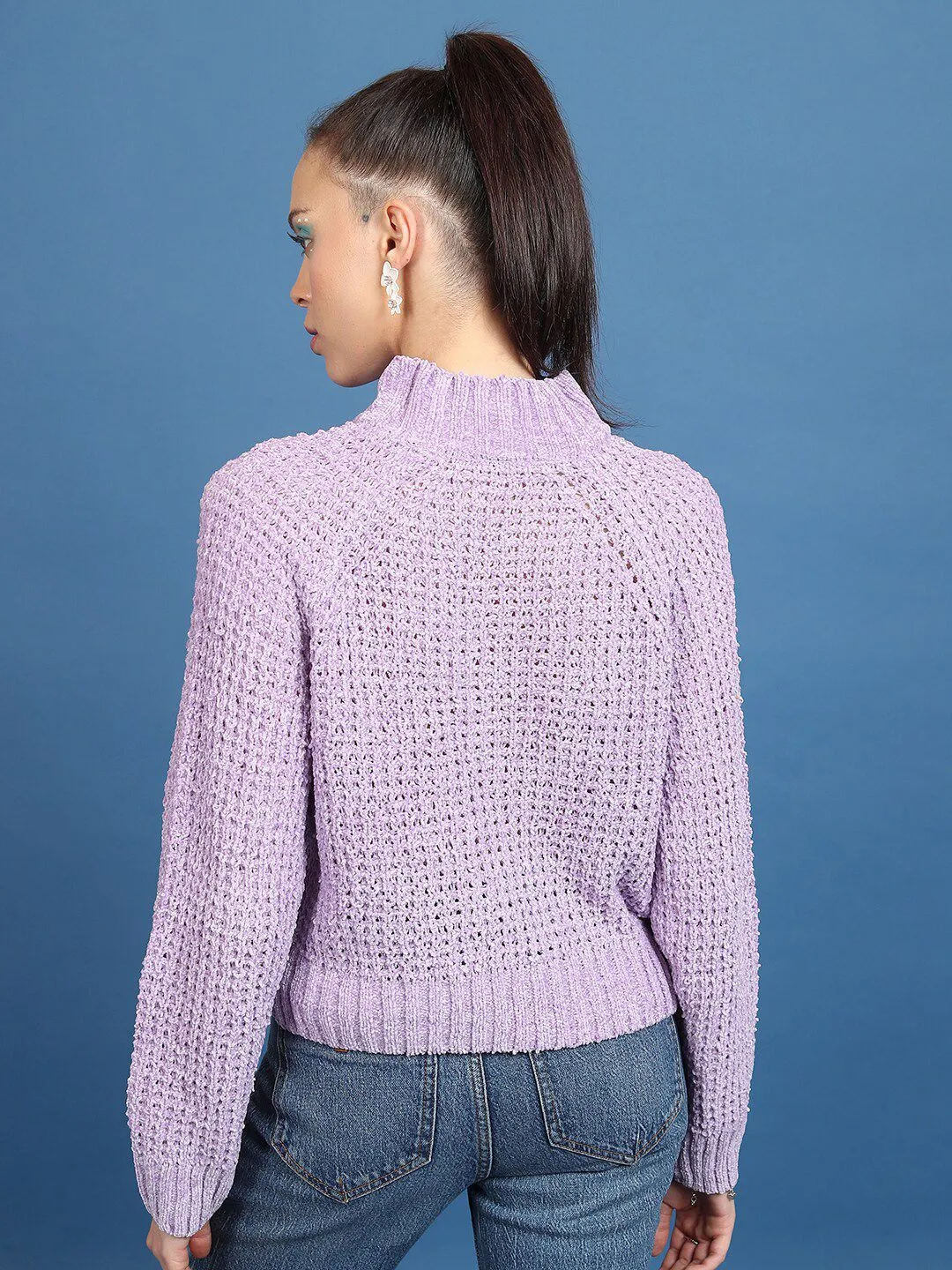 Tokyo Talkies Lavender Open Knit Turtle Neck Crop Acrylic Pullover Sweater