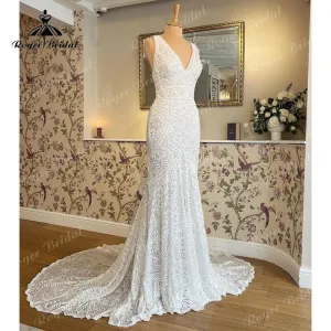 trajes de novias largos Mermaid/Trumpet Wedding Dress V Neck Tank Open Back Lace Sleeveless vestido de boda corte sirena
