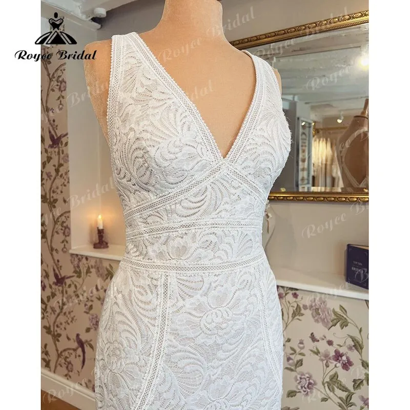 trajes de novias largos Mermaid/Trumpet Wedding Dress V Neck Tank Open Back Lace Sleeveless vestido de boda corte sirena