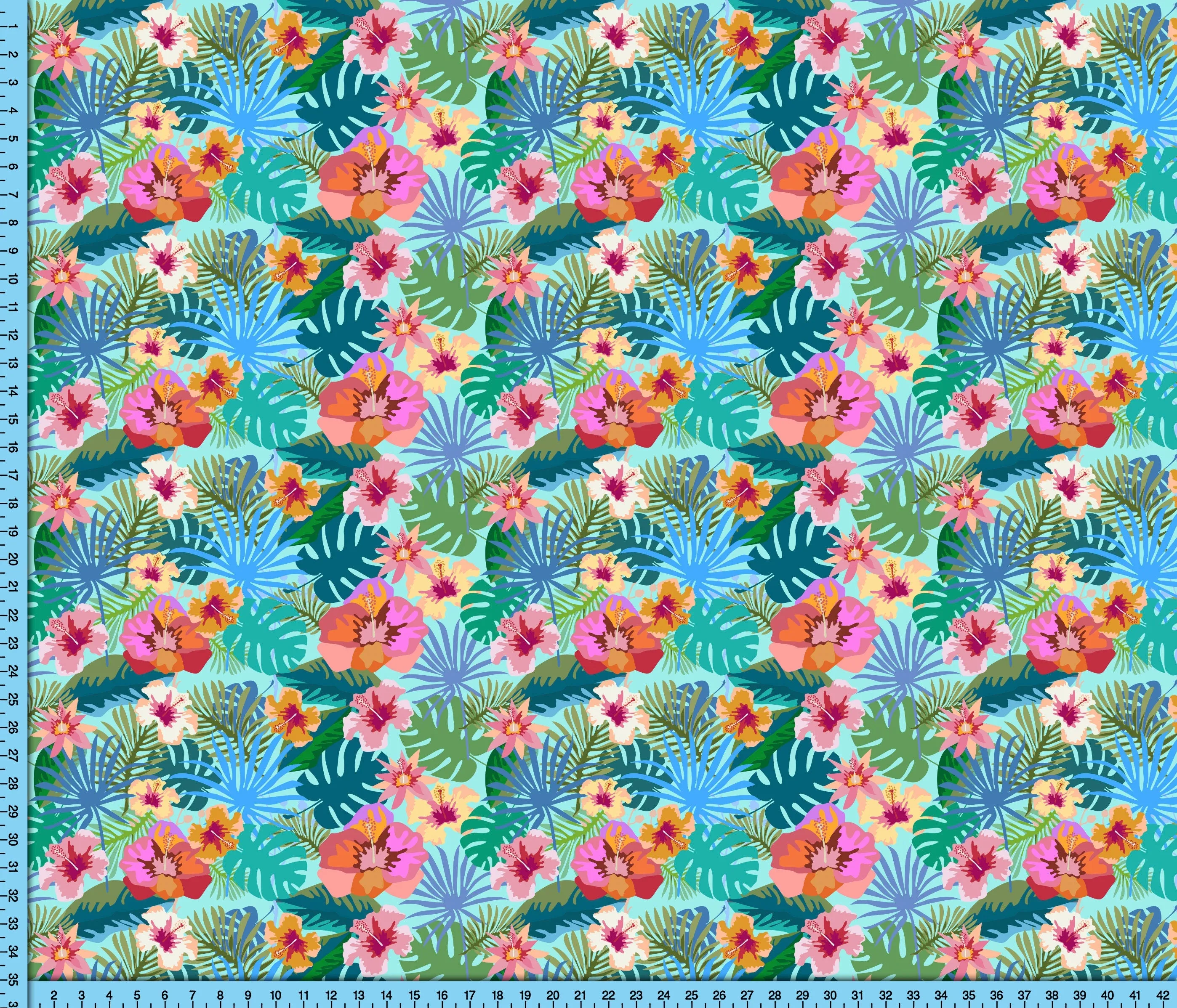 Tropical Flowers Fabric Pattern By the Yard Printed on the fabric of your choice in Blue, Pink and Green