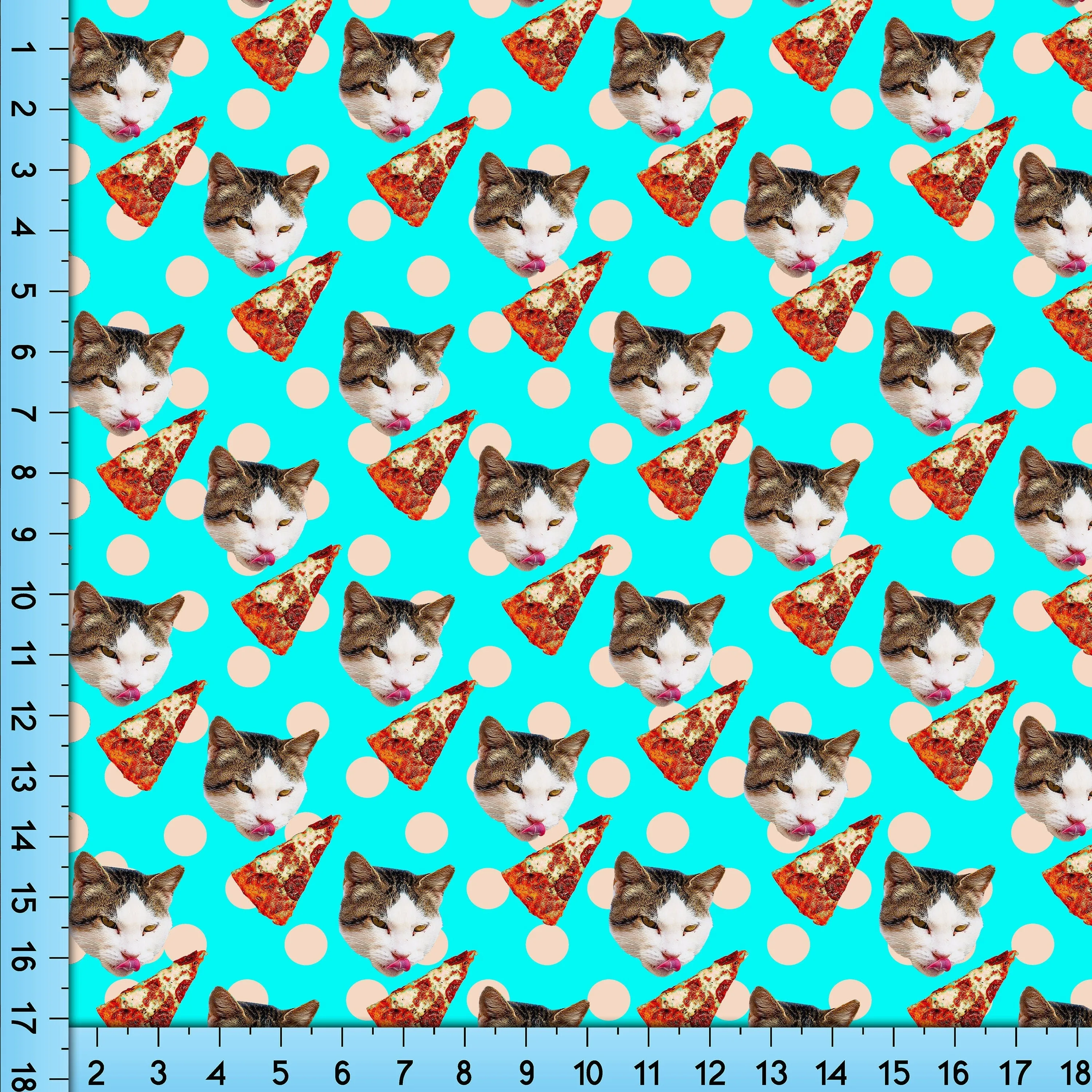 Turquoise Pizza Cat Fabric Design Printed By the Yard. Funny Blue Novelty Cat with Pizza design for shirts, masks, crafts