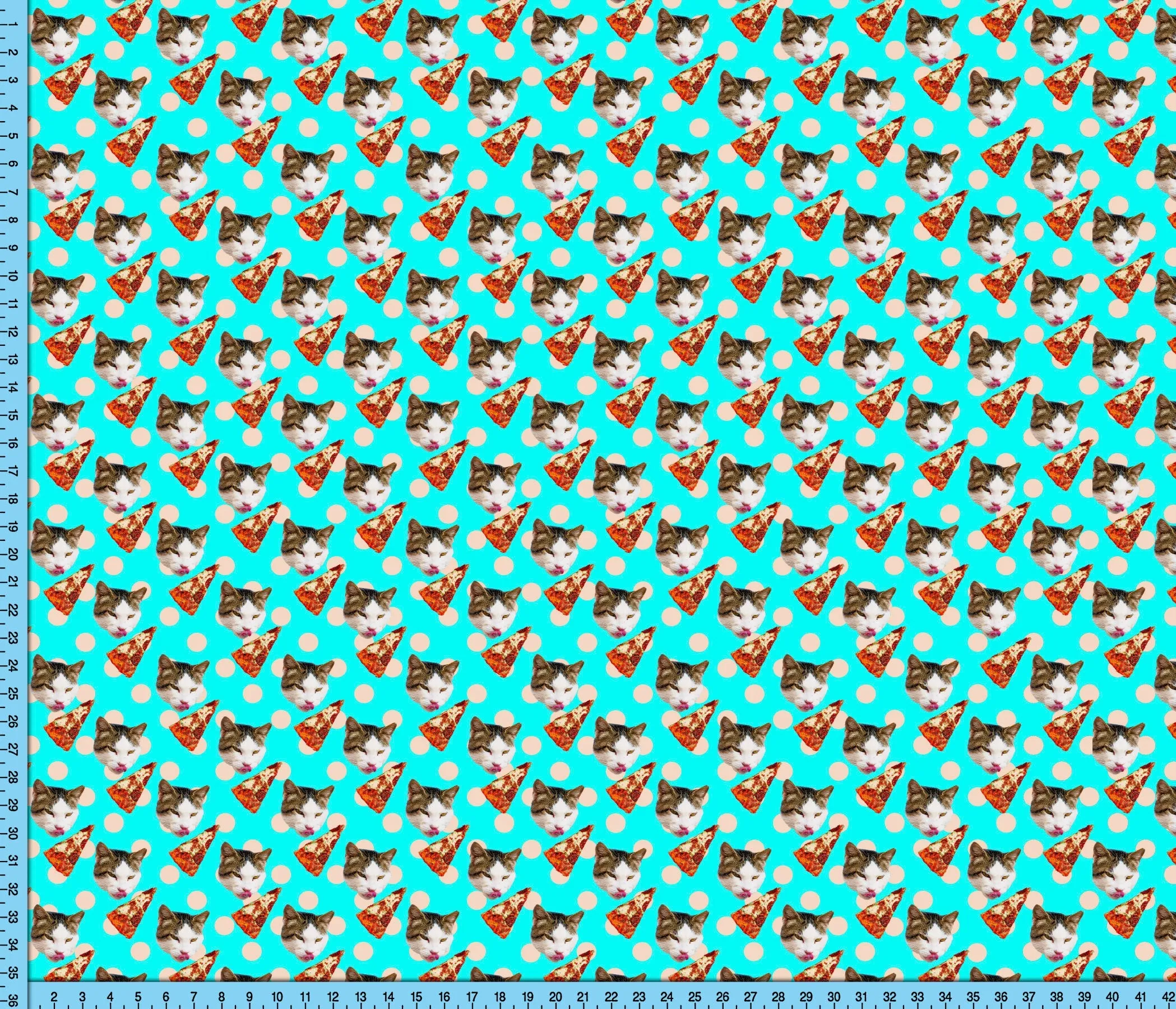 Turquoise Pizza Cat Fabric Design Printed By the Yard. Funny Blue Novelty Cat with Pizza design for shirts, masks, crafts