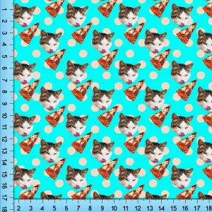 Turquoise Pizza Cat Fabric Design Printed By the Yard. Funny Blue Novelty Cat with Pizza design for shirts, masks, crafts