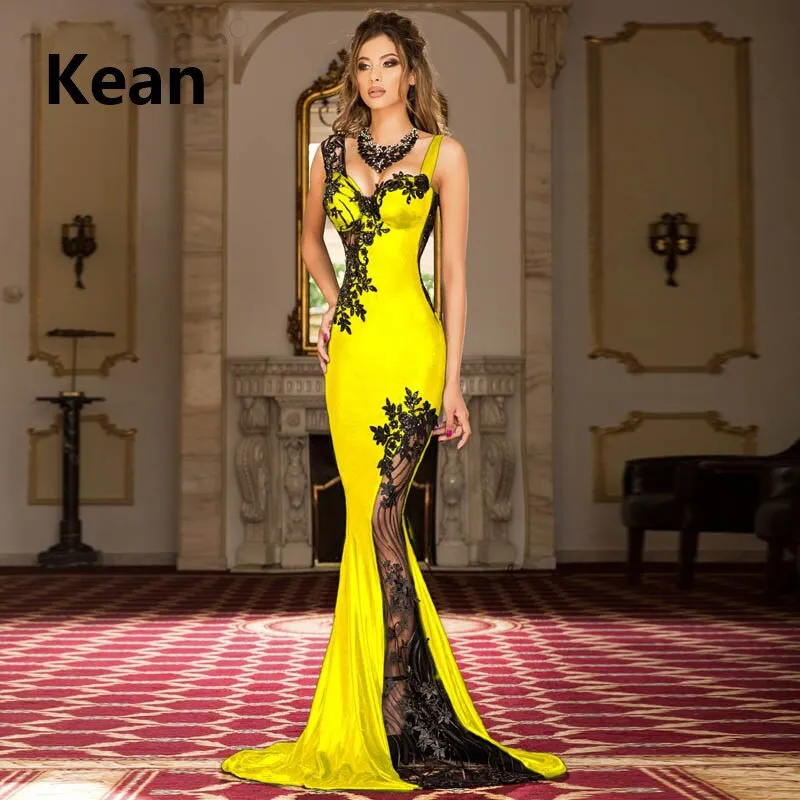 V-Neck Mermaid Applique Slit Illusion Sexy Dress