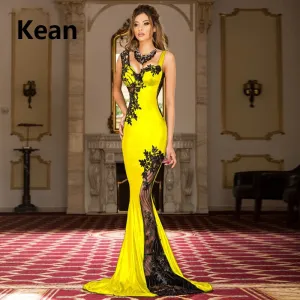 V-Neck Mermaid Applique Slit Illusion Sexy Dress