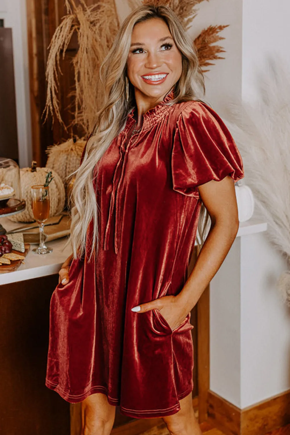 Velvet Mini Dress with Smocked Neckline and Puff Sleeves