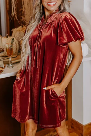 Velvet Mini Dress with Smocked Neckline and Puff Sleeves