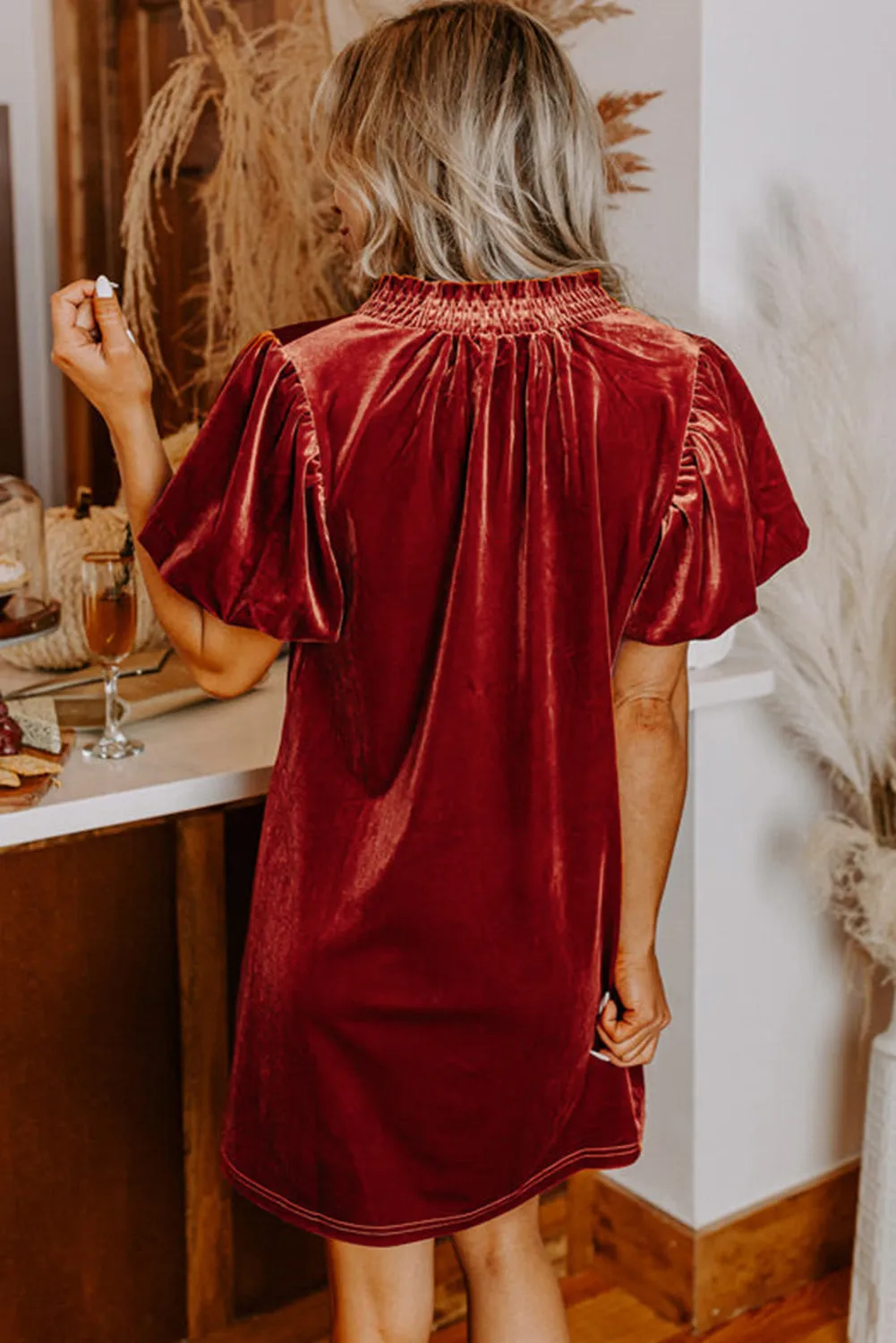 Velvet Mini Dress with Smocked Neckline and Puff Sleeves