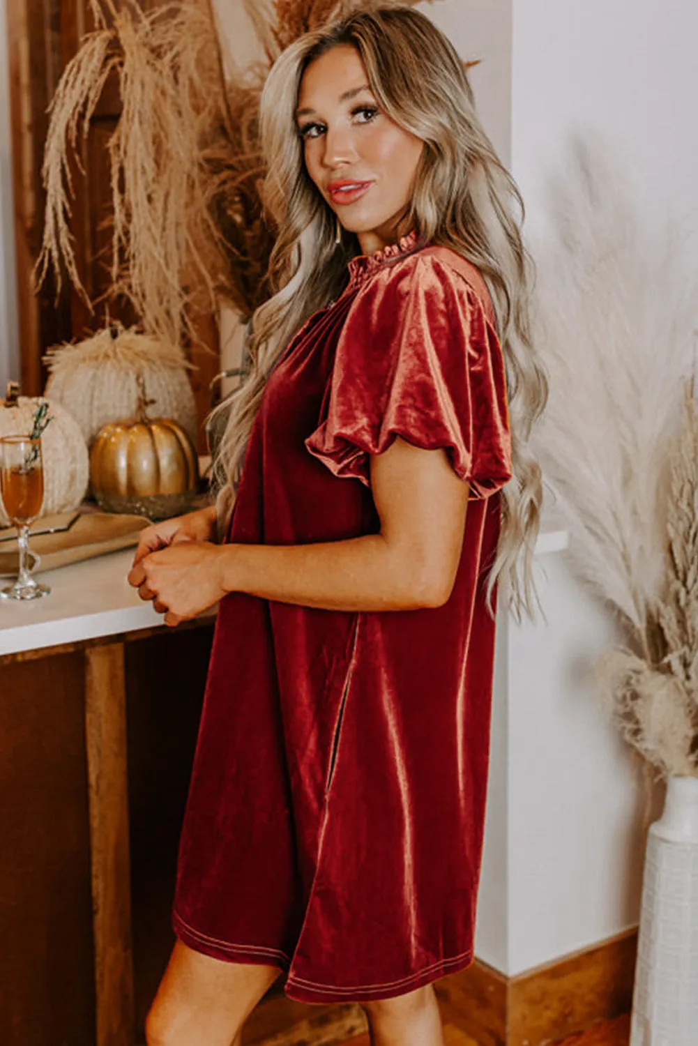 Velvet Mini Dress with Smocked Neckline and Puff Sleeves