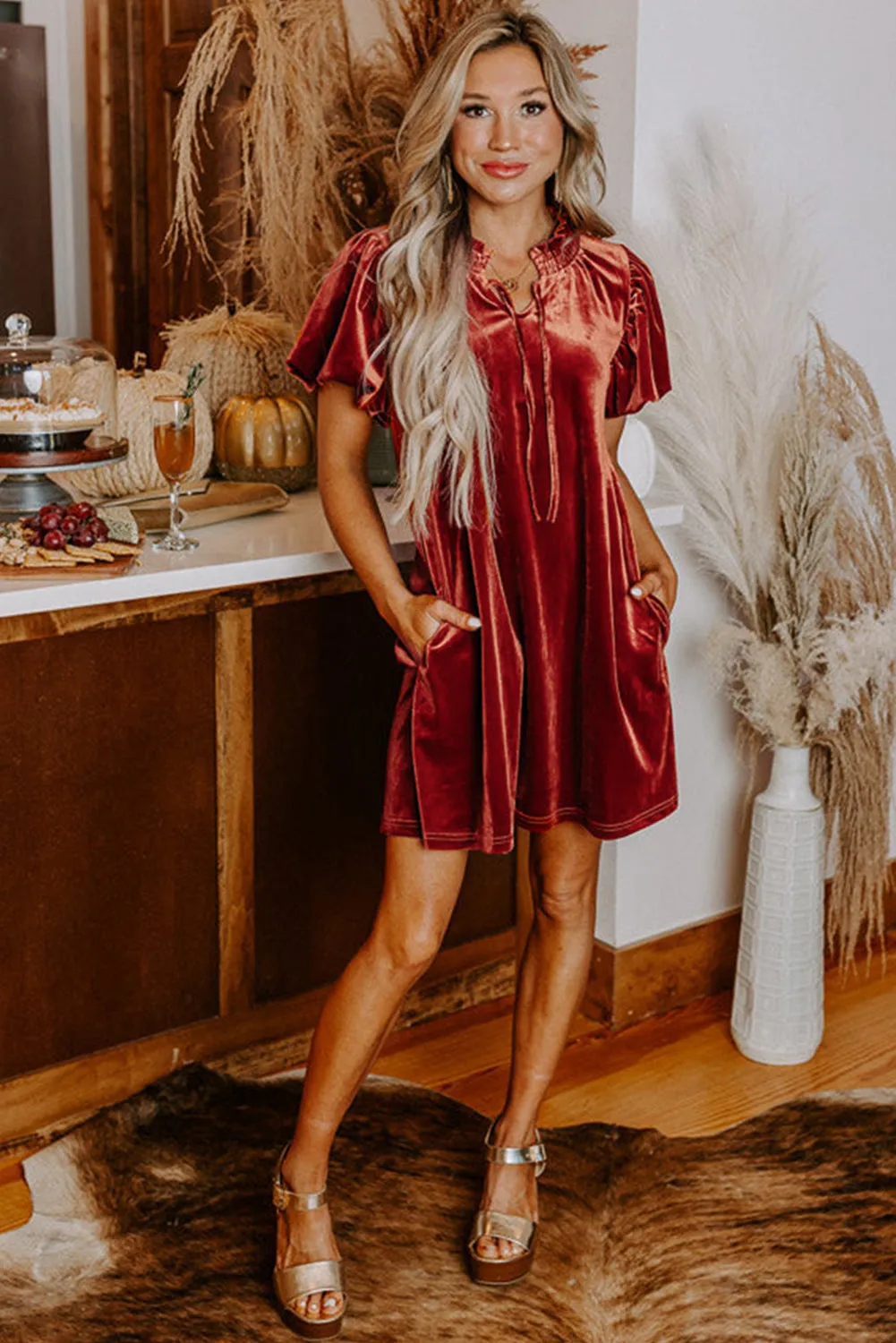 Velvet Mini Dress with Smocked Neckline and Puff Sleeves