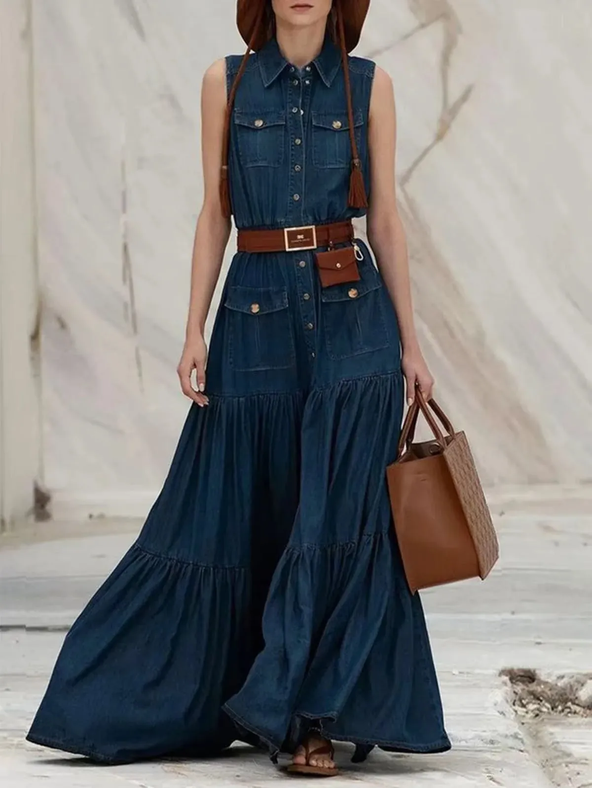Vintage-Inspired Women's Denim Tank Dress with Pockets - Casual Retro A-Line Style for Summer 2024