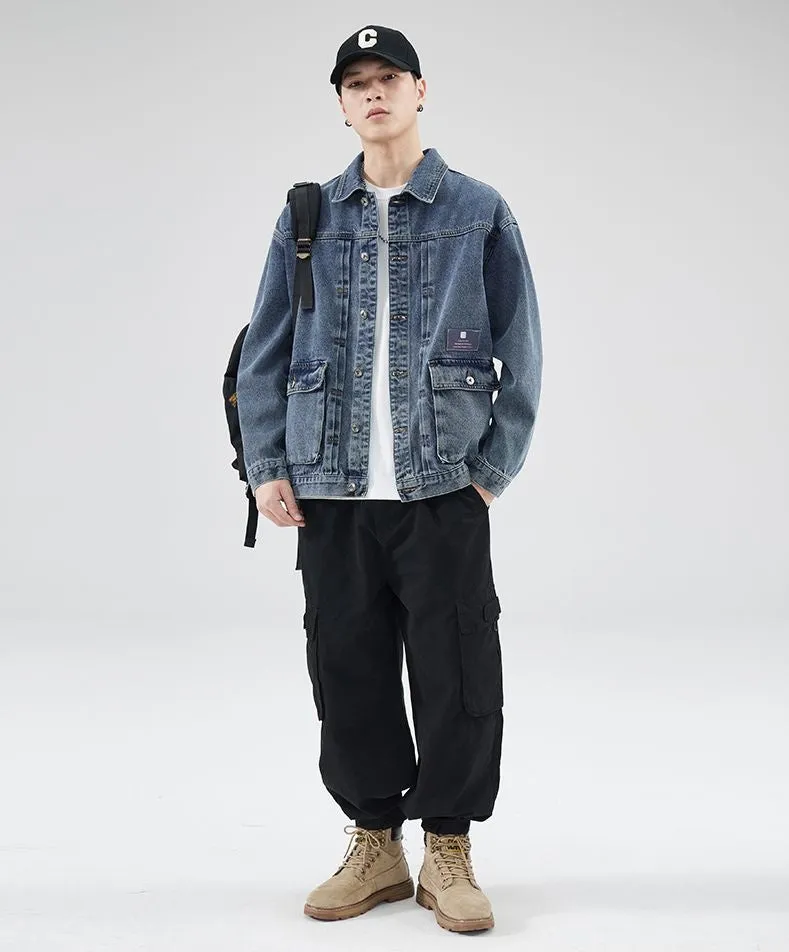 Vintage Washed Cotton Denim Jacket featuring Bellows Pockets and Label Detailing