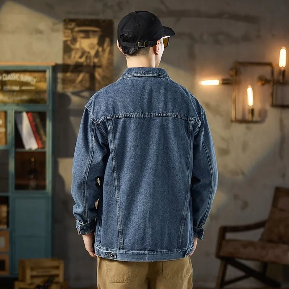 Vintage Washed Cotton Denim Jacket featuring Bellows Pockets and Label Detailing