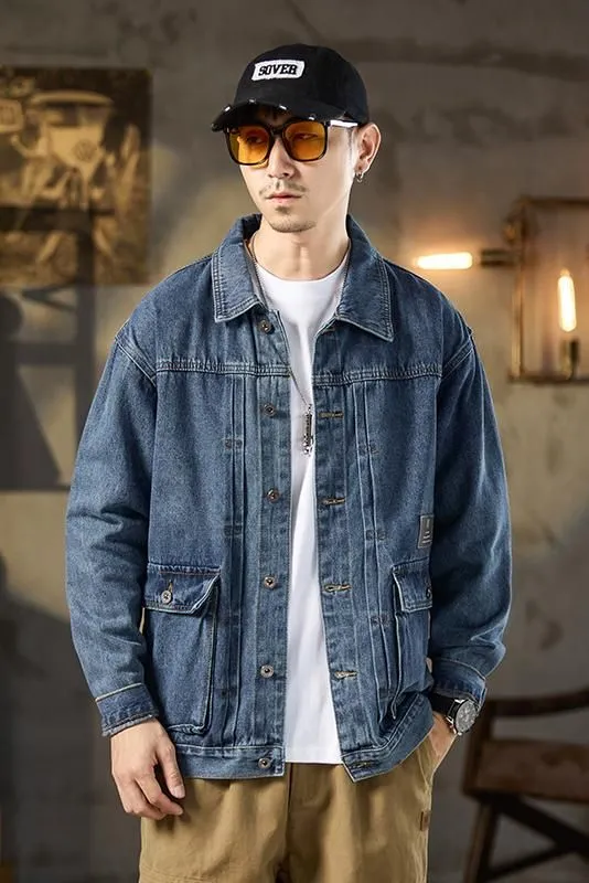 Vintage Washed Cotton Denim Jacket featuring Bellows Pockets and Label Detailing