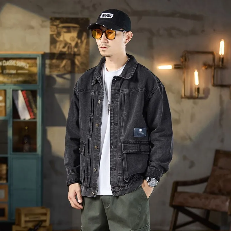 Vintage Washed Cotton Denim Jacket featuring Bellows Pockets and Label Detailing