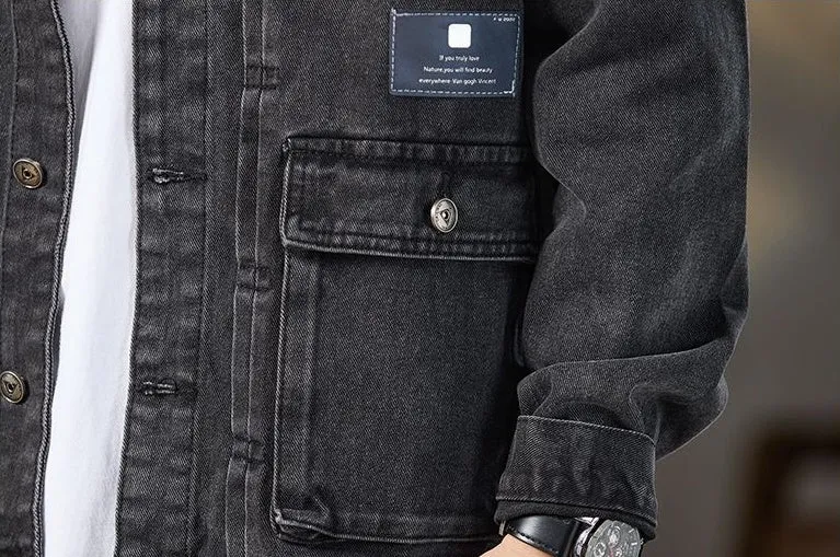 Vintage Washed Cotton Denim Jacket featuring Bellows Pockets and Label Detailing