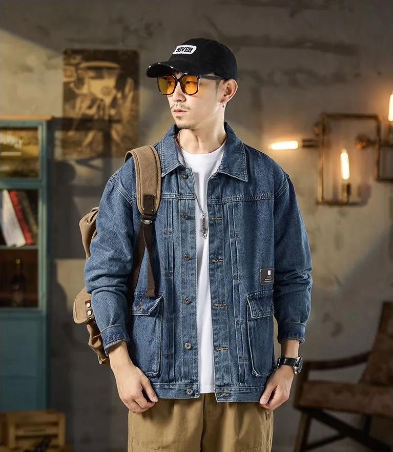 Vintage Washed Cotton Denim Jacket featuring Bellows Pockets and Label Detailing