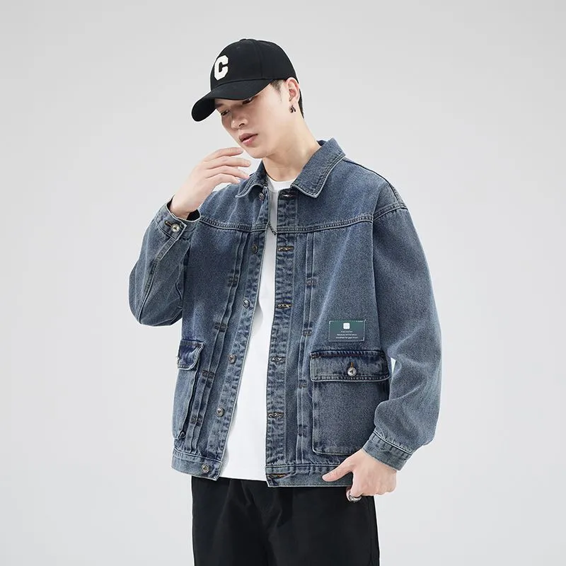 Vintage Washed Cotton Denim Jacket featuring Bellows Pockets and Label Detailing