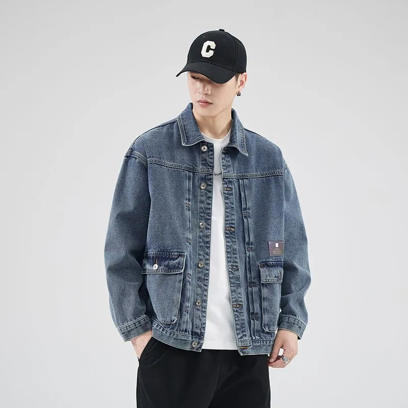 Vintage Washed Cotton Denim Jacket featuring Bellows Pockets and Label Detailing