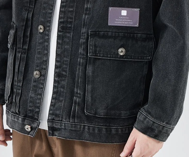 Vintage Washed Cotton Denim Jacket featuring Bellows Pockets and Label Detailing