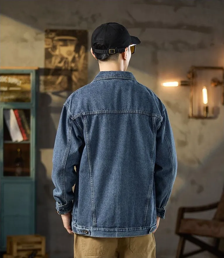 Vintage Washed Cotton Denim Jacket featuring Bellows Pockets and Label Detailing